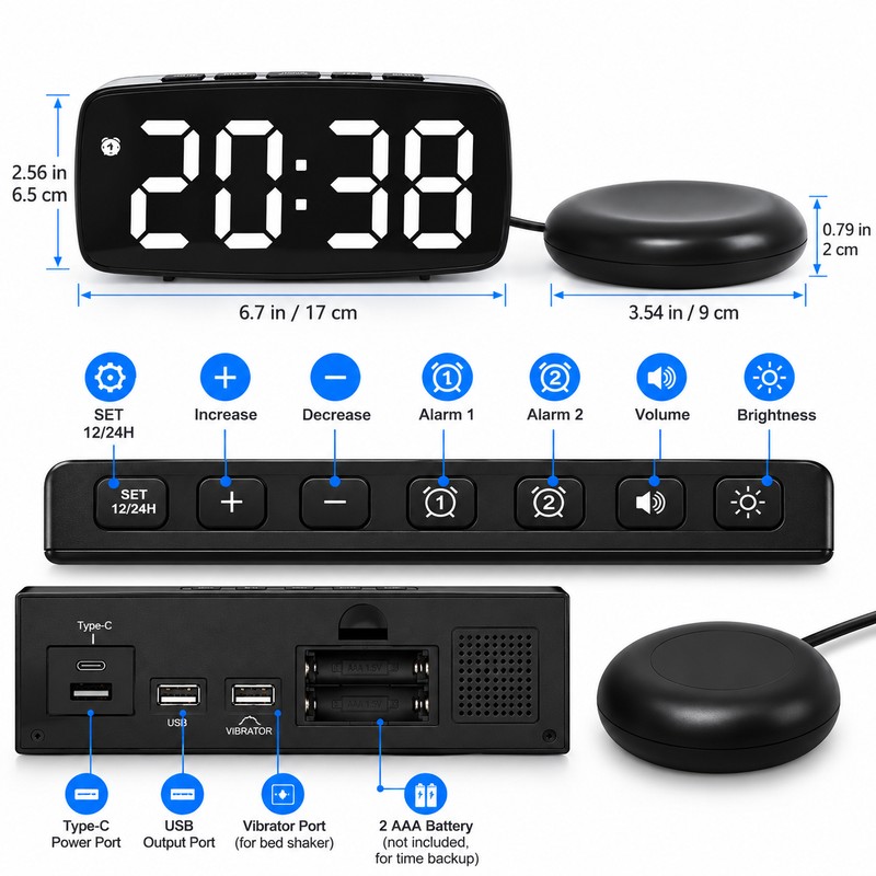 Vibrating Alarm Clock for Heavy Sleepers – Large LED Display