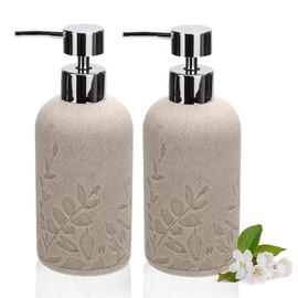 2pcs Hand Soap Dispenser Set, Sandstone Textured Resin Liquid Soap Dispenser for Bathroom Countertop, Heavy & Sturdy Dish Wash Soap Dispenser for Kitchen, Matte Beige
