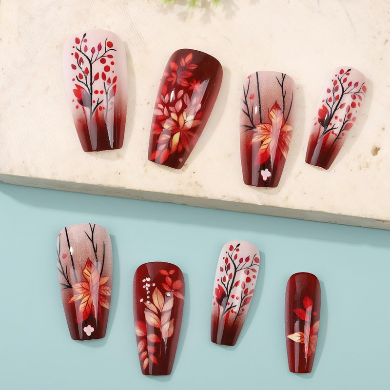 Fall Coffin Press on Nails Medium Fake Nails with Leaves