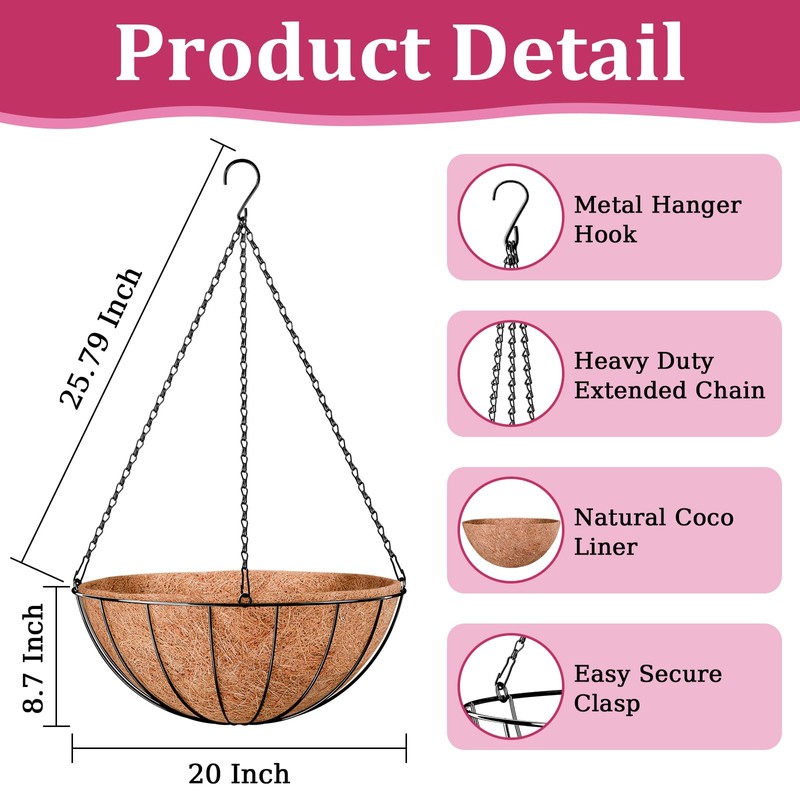 Halatool 20 Inch Large Hanging Baskets Planters for Outdoor Plants,