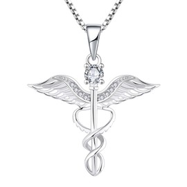 YL Nurse Necklace 925 Sterling Silver Cut 12 Birthstone Cubic Zirconia Angel Wings Caduceus RN Registered Pendant for Femme Infirmière, Silver, Cubic Zirconia