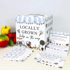 OWWOPATS 51Pcs Locally Grown Diaper Raffle Tickets with Box, Farmers Market Baby Shower Decorations, Fruit and Vegetables Theme Diaper Raffle Box for Baby Shower Game Kit
