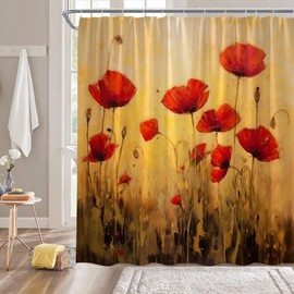 Poppy Flower Shower Curtain Vintage Red Flower Blossom Bouquet Oil Painting Rustic Floral Plant Rural Natural Botanical Garden Scenery Polyester Fiber Bathroom Decor with Hook,Yellow