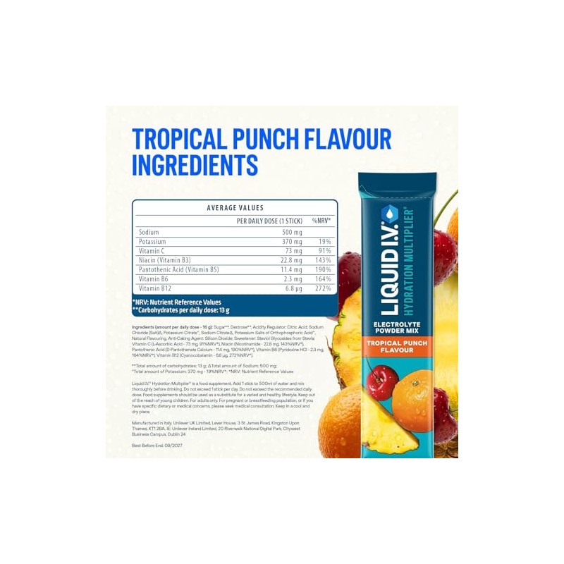 Liquid I.V. Hydration Multiplier Electrolyte Powder Mix, Tropical Punch Flavour,