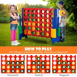 KOTEK Giant 4-in-a-Row Game, 3.5 Feet Tall Jumbo 4-to-Score Family Fun Game w/Quick-Release Sliders & 42 Large Rings, Oversized Connect Plastic Yard Game Outdoor for Kids & Adults (with Mesh Pocket)
