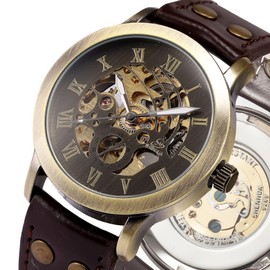 FANMIS Men's Steampunk Bronze Skeleton Self-Winding Automatic Mechanical Brown Leather Wrist Watch
