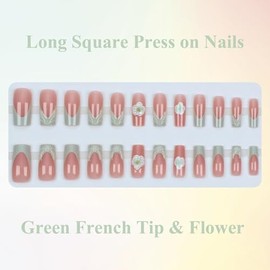 MISUD Press on Nails Long Square Fake Nails Glossy Glue on Nails Summer Green French Tip Acrylic Nail Supplies Squoval Artificial Nail Art Handmade Flower Stick on False Nails with Design DIY 24 pcs