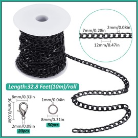 SOFPLATE 33 Feet/10M Aluminum Curb Chain Jewelry Link Chain with Jump Ring and Lobster Clasp 12×7mm Black Cuban Unwelded Link Connectors Chains Kits for Jewelry Making Necklace Bracelet DIY Crafts