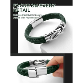 Oaldilee Mens Braided Leather Bracelet, Green Wax Rope Braided Leather Infinity Knot Bracelets for Men with Steel Clasp, 9in Length