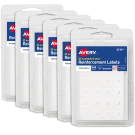 Avery Reinforcement Labels, 1/4" Diameter, Permanent Adhesive, White, Non-Printable, 560 Labels Per Pack, 6-Pack, 3,360 Page Reinforcement Stickers Total (6739)