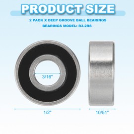 PATIKIL R3-2RS Deep Groove Ball Bearing 3/16" x 1/2" x 10/51", 2 Pack Double Rubber Sealed Miniature Bearings for Electric Motor Industrial Machine, Black&Silver