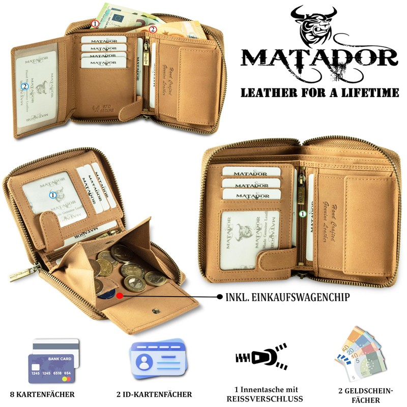 MATADOR Wallet 3626/A Metal Zip TÜV Tested RFID, Light Brown,