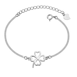 Women Girls Charm Bracelet 925 Sterling Silver Lucky Four-leaf Clover bangle, Adjustable Hand Link, Double Chains Extension, Silver
