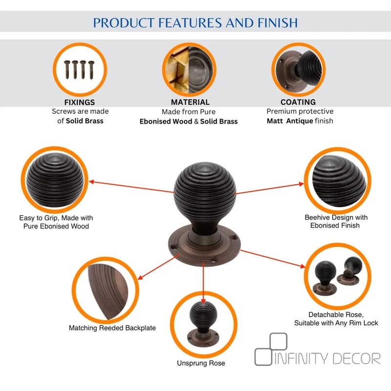 Infinity Decor Ebonised Wooden Beehive Rim Mortice Door Knobs Brass