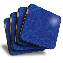 Destination Vinyl ltd Great Coasters (Set of 4) Square - Sea Depth Topographic Map Ocean Drink Glossy Coasters/Tabletop Protection for Any Table Type #24167