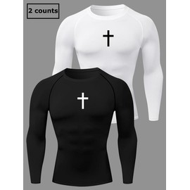 Men's Cross Print Round Neck Sports Tee, Tight Sporty Quick Drying Breathable Long Sleeve Comfort Color T Shirts , Men's Sportswear for Spring & Fall Gym Workout, 90s Clothes - Color: Black And White, Size: XL