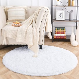 MARATIP Bedroom Plush Rug, Round, Fluffy Rug for Living Room, Large Size, Modern Living Room, Girls, Soft and Fluffy Rug for Bedroom (White, Diameter 100 cm, Round)