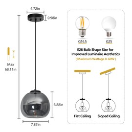 LBSQJ Mirror Smoke Gray Glass Pendant Lights Kitchen Island 2 Pack 7.87" Glass Globe Pendant Light Black Hanging Light Fixture Modern Pendant Lighting for Kitchen Island Bedroom Dining Room