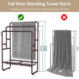 Kayfia 40" Tall Standing Towel Rack for Extra Large Towel, 3 Tier Floor Towel Stand with Storage Basket & Hook, Freestanding Blanket Ladder Display and Drying Rack for Bathroom Living Room (Bronze)
