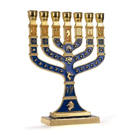 JL Kippha's Blue and Gold Candle Holder Decorative Menorah 7 Branch Israel Jewish Symbol