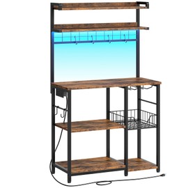 HOOBRO Bakers Rack with Power Outlet, 5 Tiers Coffee Bar with LED Light, Microwave Stand with Wire Basket & Wine Holders, Kitchen Storage Shelf with 6 S-Shaped Hooks, Rustic Brown and Black BF21UDHB01