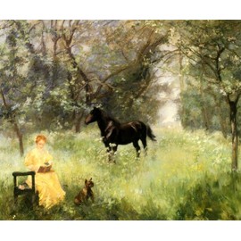 WONDERFULITEMS A Summer's Day Lady Reading A Book Horse Dog in The Country by Alfred ROLL Large Canvas REPRO