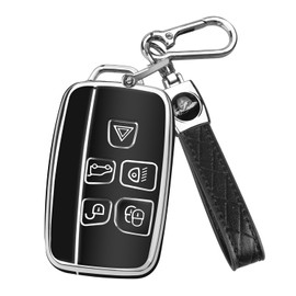 FT FUNTOR Car Key Cover for Range Rover,Suitable for LR4 Range Rover Sport Evoque Jaguar XJ F-pace,5 Buttons TPU for Jaguar Key Fob Case with Silver Edge (Black)