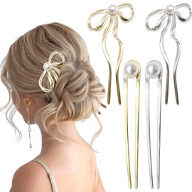 AOREAS 4Pcs Pearl U Shaped Hair Pins for Thick Hair,Bow French Hair Pins French Twist Hair Pin Vintage Double Prong Hair Forks Stick Hairstyle Accessories Bridal Hair Combs for All Hair Types