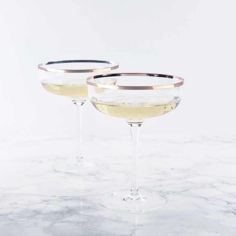 Twine Copper Rim Crystal Coupe Glasses, Electroplated Copper Rim -