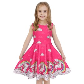 LaBeca Girls Party Casual Printed Twirly Sleeveless Dress Rainbow Unicorn XL