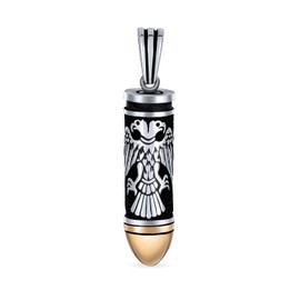 Personalize Mens Vintage Style Gangster Biker Jewelry Two Head Vintage Style Byzantine Eagle Bullet Pendant Necklace Gift For Hunter Two Tone Oxidized .925 Sterling Silver Gold-Tone Plated Tip
