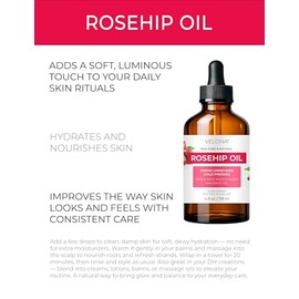 velona Rosehip Oil USDA Certified Organic - 4 oz | 100% Pure and Natural Carrier Oil| Unrefined, Cold Pressed, Hexane Free | Moisturizing Face, Hair, Body, Skin Care, Stretch Marks, Scars…
