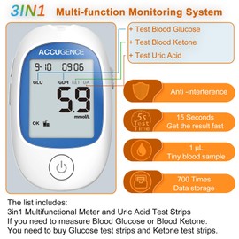 ACCUGENCE 3in1 Uric Acid Meter With 25 Uric Acid test strips, Uric Acid Testing Kit For Uric Acid Monitor -in μmol/L