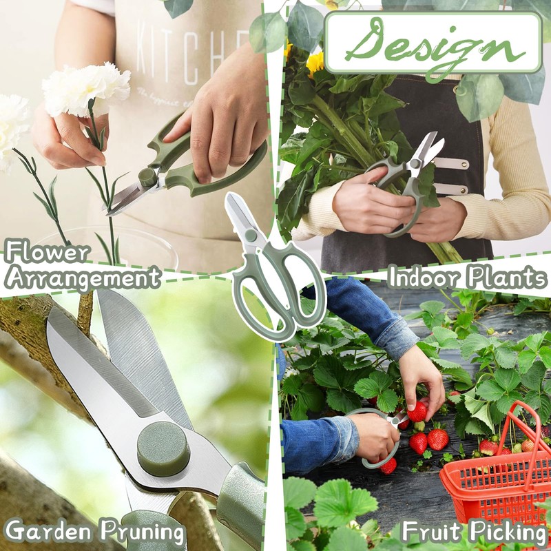 3 Pcs Green Garden Flower Scissors Shears,Premium Stainless Steel Floral