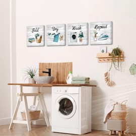 Laundry Room Wall Art Decor Wash Dry Fold Repeat Signs 4 Piece Farmhouse Canvas Prints 12" x12"