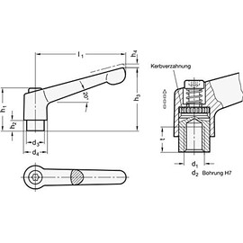 Adjustable clamping lever, stainless steel, red textured matt, M5