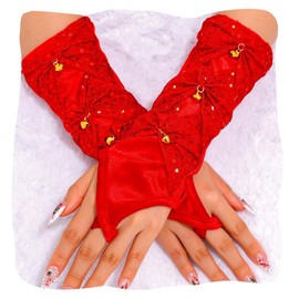 GEMILY Red Christmas Fingerless Gloves Sequin Long Glitter Gloves for Women
