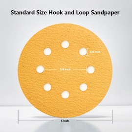 Boereu 5 Inch 8 Hole Sanding Discs Hook and Loop，50pcs Gold Round Hook and Loop Sandpaper for Random Orbital Sander 220 Grit