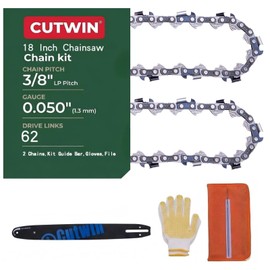 CUTWIN 18 Inch Chainsaw Chain Kit,3/8" LP Pitch 0.050" Gauge 62 Drive Links | 2 Chains+Guide Bar+Gloves+File,Fits STIHL,Husqvarna,Echo,Ryobi&More