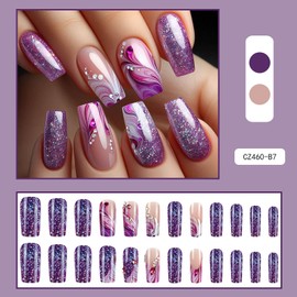 Coffin Press on Nails Medium Long Fake Nails Purple French Tip Acrylic Nails Press ons with Rhinestones Designs Glue on Nails Glitter Full Cover False Nails Ombre Acrylic Stick on Nails for Women