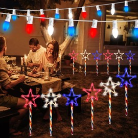 4th of July Lights - 20 Pack C7 Red White Blue Lights String & 12 Pack LED Red White Blue Large Star Solar Garden Lights, for Memorial Day & Fourth of July Outdoor Yard Patio Garden Decorations