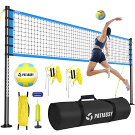 Patiassy Outdoor Portable Volleyball Net Set System - Quick & Easy Setup Adjustable Height Steel Poles, PU Volleyball with Pump and Carrying Bag for Beach Backyard (Yellow)