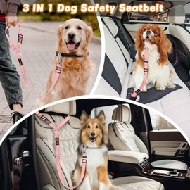 Dog Seat Belt Harness for Car, Dog Car Leash with Car Headrest & Buckle, Reflective Short Dog Leash, Pet 15 Inch Heavy Duty Leash for Dogs with Padded Handle & Locking Carabiner Clip, Pink