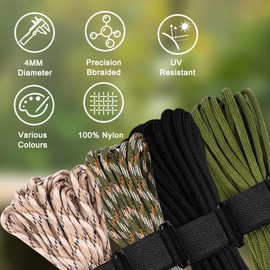 TNOMSNO Pack of 4 40 m Paracord 4 mm, Paracord Cords Rope, 7 Core Strands, 33 ft Type III Paracord Cords, 100% Nylon Cord, Holds up to 250 kg, Paracord 4 mm for Outdoor Survival Camping Dog Lead