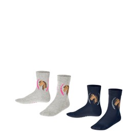 FALKE Unisex Children's Horse Socks Breathable Sustainable Cotton Reinforced Children's Socks Durable Skin Friendly Non-Slip with Horse Motif Durable Multipack 2 Pairs, Multicoloured Blue Grey 0010