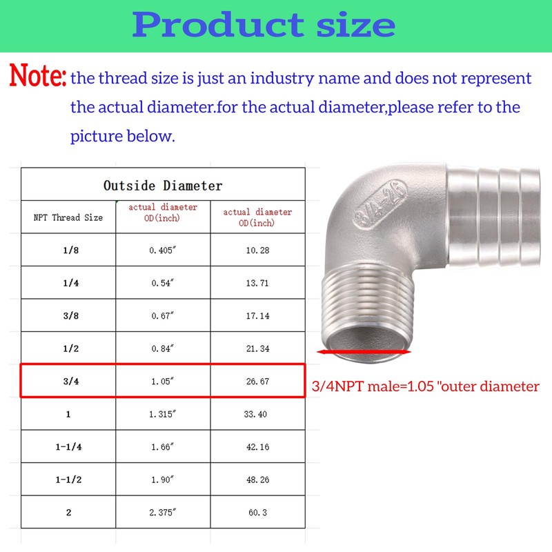 SNUTUYA 304 Stainless Steel 1" Hose Barb x 3/4" Male