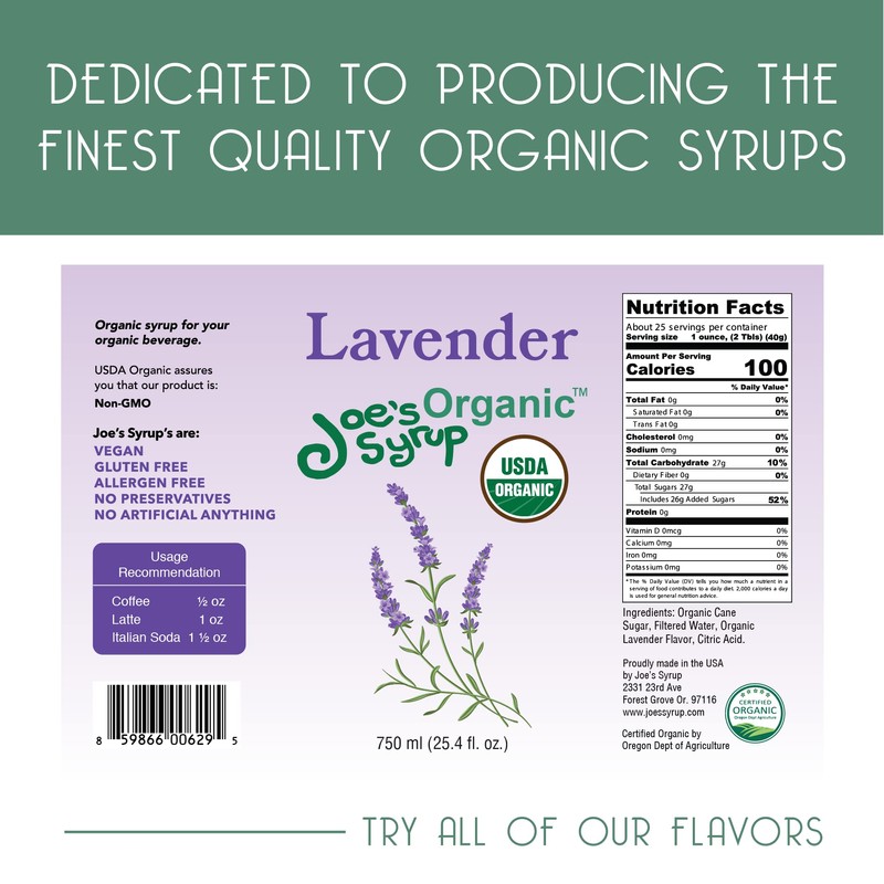 Joe's Syrup Organic Flavored Syrup, Organic Lavender, 750 ml, 25.4