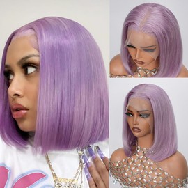 Lilac Bob Wig Human Hair-Glueless13X4 HD Transparent Short Bob Lace Front Wigs Wear and Go Pre Plucked with Natural Hairline 180 Density Lilac Wigs for Women