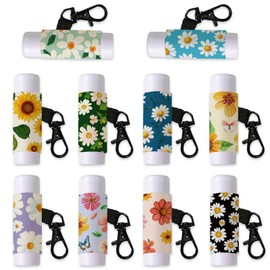 DELORIGIN 10pcs Daisies Flowers Lip Balm Holder Keychain Sunflowers Butterflies Lipstick Sleeves with Metel Clasp Chapstick Elastic Sleeves Lip Gloss Keychain Holder for Lip Balm Chap Stick Storage