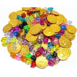 PIQIUQIU Pack of 150 Pirate Gold Coins (50 Pieces Pirate Coins with 100 Pieces Children's Pirate Gemstones for Children, Pirate Treasure, Pirate Party Bags, Treasure Hunt Children's Birthday Party
